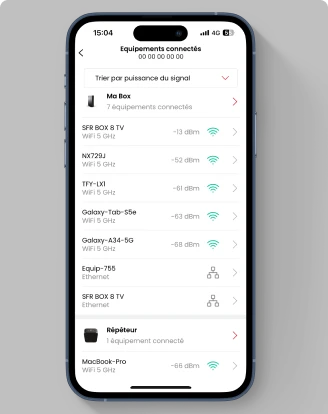 Illustration du diagnostic du réseau via l'application SFR & Moi dans un smartphone